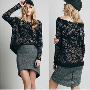 Free People Black Tan Fuzzy Alpaca Blend Floral Fields Side Zipper Sweater Sz L
